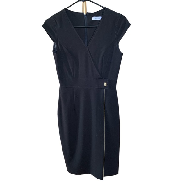 Calvin Klein Dresses & Skirts - Calvin Klein Sheath Midi Career Dress Black Cap Sleeve Gold Metal Classic size 2